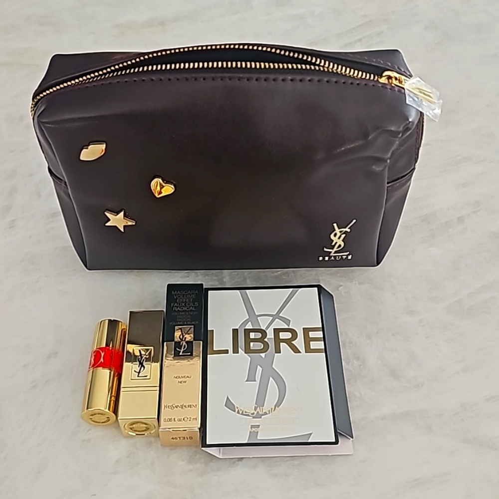Yves Saint Laurent Burgundy Cosmetic Makeup Bag  With 4 Product Items NWT